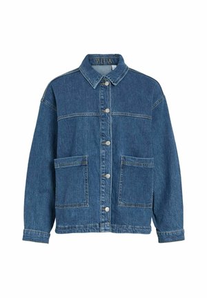 Jeansjacke mit einem Kragen, Vorderknopfverschluss, zwei großen Fronttaschen und einer lockeren Passform in mittlerem Blauton.