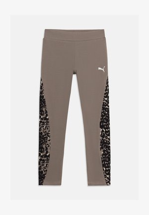 Legginsy Puma w kolorze taupe z czarnymi i beżowymi panelem z nadrukiem w panterę na wewnętrznych partiach nóg oraz białym logo Puma na prawej uda.