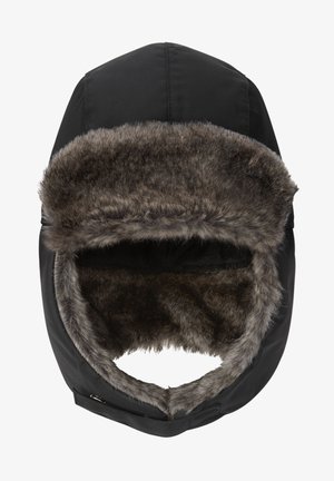 Gorro de inverno preto com um acabamento em pele sintética cinza. Apresenta uma textura suave e um formato arredondado, desenhado para proporcionar calor e cobertura.