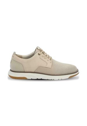 Beige low-top casual sneaker with mesh upper, lace-up closure, padded collar, white sole, and brown accents on outsole and trim.