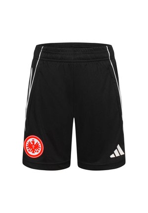 Black sports shorts with white Adidas logo on right leg and red Eintracht Frankfurt eagle emblem on left leg, featuring white side stripes.