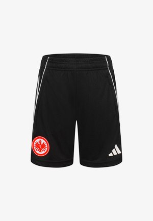 Black sports shorts with white Adidas logo on right leg and red Eintracht Frankfurt eagle emblem on left leg, featuring white side stripes.