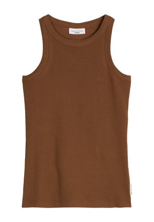 Débardeur marron côtelé sans manches avec encolure ronde, étiquette Marc O'Polo Denim à l’intérieur du col.