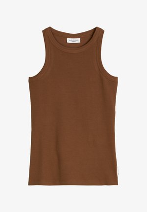 Débardeur marron côtelé sans manches avec encolure ronde, étiquette Marc O'Polo Denim à l’intérieur du col.