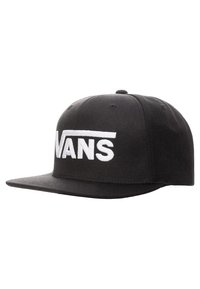 Gorra snapback negra de tela, con un logo bordado en blanco "VANS" en la parte frontal, visera plana y ojales de ventilación.