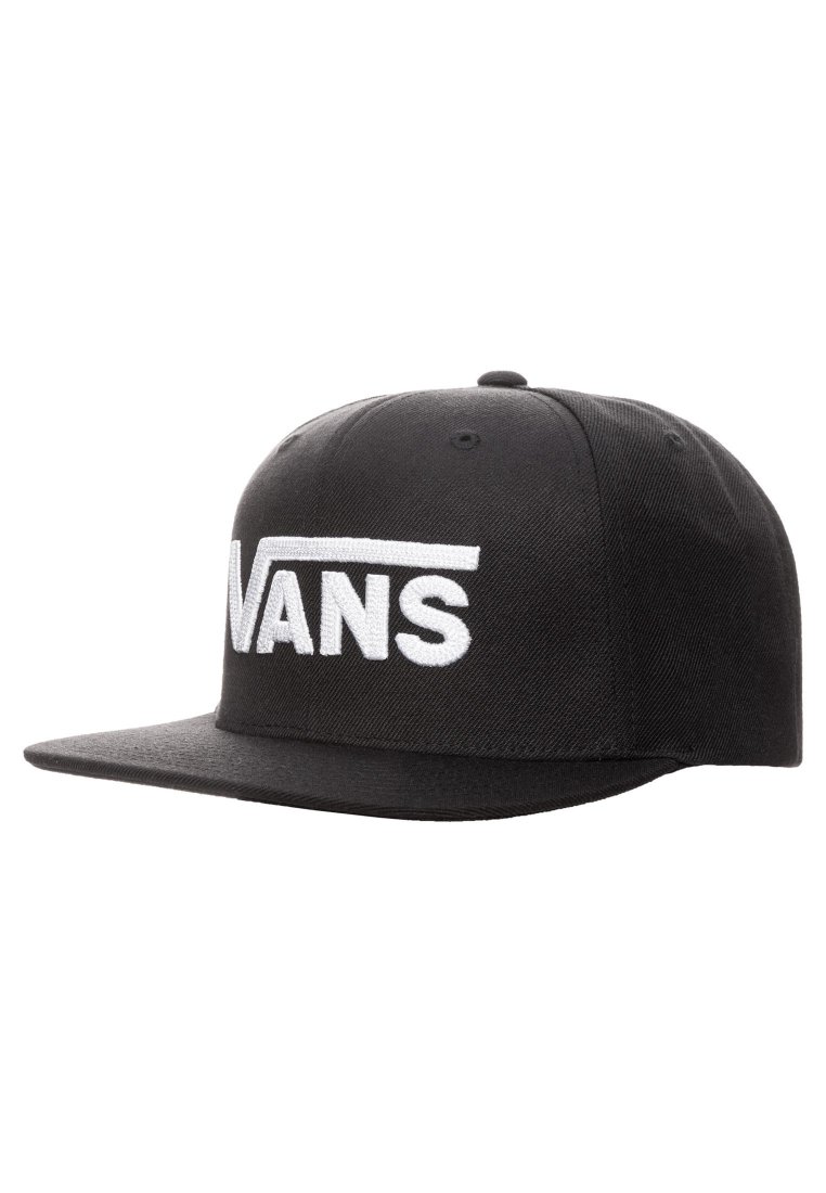 Gorra snapback negra de tela, con un logo bordado en blanco "VANS" en la parte frontal, visera plana y ojales de ventilación.