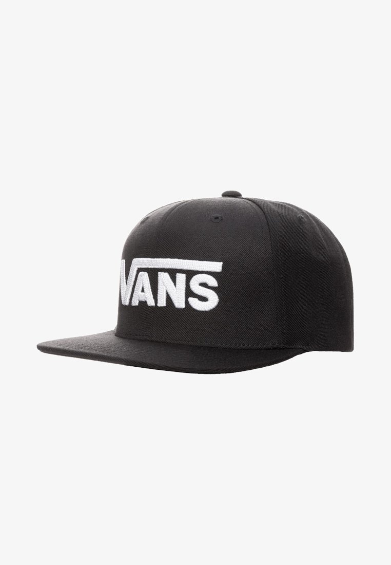 Black snapback cap made of fabric, featuring a white embroidered logo "VANS" across the front, flat brim, and ventilation eyelets.