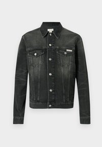 Mørkegrå denimjakke med klassisk krave, knaplukning foran, to brystlommer og et logomærke. Har en struktureret pasform og en glat tekstur.