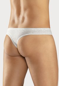 Graue Baumwoll-Tangaunterwäsche mit breitem Bund, minimaler Bedeckung, glatter Textur und dezentem Melange-Muster.