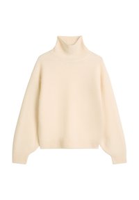 Gebreide trui met col in roomkleurige ribstof. Heeft lange, licht opgepofte mouwen en een relaxte pasvorm.