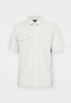 Kurzärmeliges, kragenloses Hemd in Hellgrün mit vertikalen Streifen. Zwei Brusttaschen, Knopfverschluss, Baumwollmaterial und eine lockere Passform.