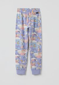 Een pyjamabroek met een eenhoornpatroon in pastelkleuren, voorzien van wolken- en snoepdetails. Gemaakt van zachte stof met een elastische tailleband en boorden.
