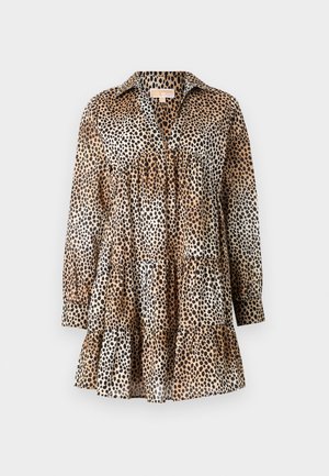 Leopard print dress made of lightweight fabric. Features a collared neckline, long sleeves, and tiered ruffle hem. Colors: beige, black, brown.