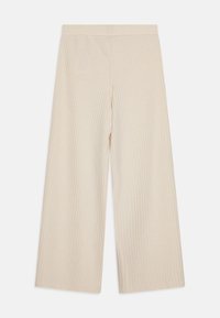 Široké kalhoty v světlé béžové barvě, vyrobené z texturované ribbené tkaniny, s jednoduchým vysokým pasem a volným střihem.