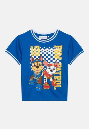Modra otroška majica s prikazom junakov iz risanke Paw Patrol, Chase in Marshall, karo vzorcem, številko 10 in rumenim napisom "Paw Patrol".