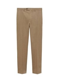 Pantaloni bej croiți, cu o textură netedă, față plată și închidere cu un singur nasture. Au picioare drepte și fără modele vizibile.