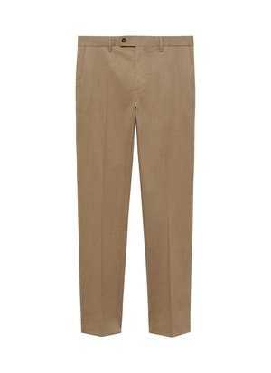 Beige tailored trousers with a smooth texture, flat front, and a single button closure. Features straight legs and no visible patterns.
