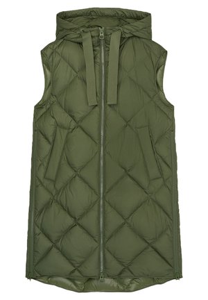 Mouwloos olijfgroen gewatteerd vest met capuchon, ritssluiting aan de voorkant, twee zijzakken en trekkoorden aan de capuchon.