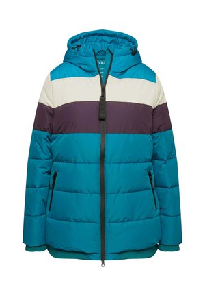 Teal Puffy-Jacke mit Kapuze, mit horizontalen Streifen in hellem Creme, dunklem Lila und dunklem Teal. Reißverschluss und elastische Bündchen.