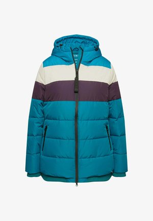 Aqua pufferjack met capuchon, met horizontale strepen in lichtroom, donkerpaars en donker aqua. Ritssluiting en elastische manchetten.