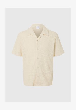 Short-sleeve beige shirt with a textured pattern, button-front closure, and a classic collar. Features a lightweight, breathable fabric.