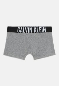 Mutande in cotone grigio di stile trunk con una cintura elastica nera che presenta il logo bianco "CALVIN KLEIN" stampato attorno.