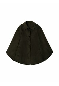 Manteau cape en laine vert foncé avec col, boutons sur le devant et poches latérales. Caractérisé par un design fluide et une texture lisse.
