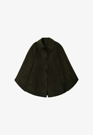 Capa abrigo de lana verde oscuro con cuello, botones delanteros y bolsillos laterales. Presenta un diseño fluido y una textura suave.