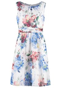 Robe blanche sans manches avec imprimé floral rose, rouge et bleu, taille cintrée et jupe évasée longueur genoux.