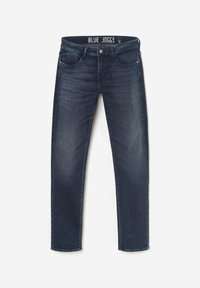 Jean jogger bleu avec un lavage indigo foncé, design à cinq poches et légères décolorations. Présente une texture douce et une taille élastique.