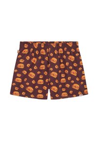 Braune Boxershorts mit einem wiederholten Burger-Muster, elastischem Bund und einer weichen Stofftextur.