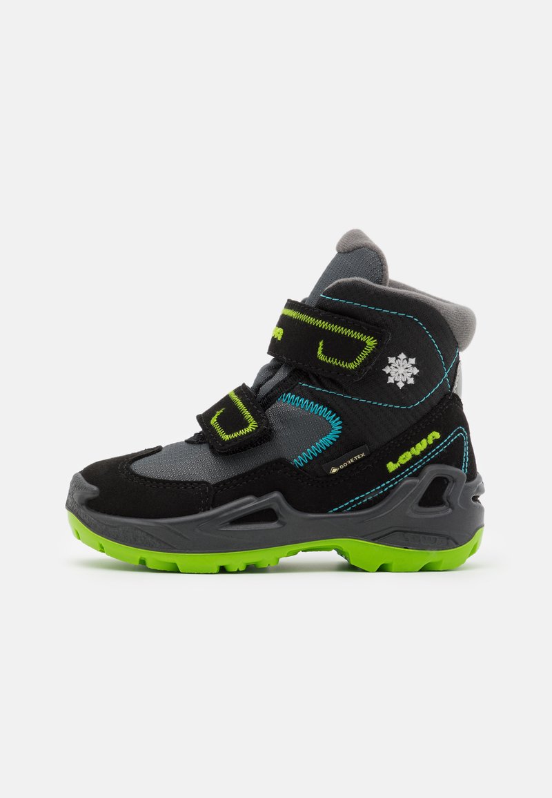 Child's waterproof boots with a black and grey fabric upper, green rubber sole, blue stitching, and two adjustable Velcro straps.