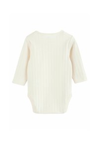 Bodysuit à manches longues en tissu côtelé crème doux, avec un col rond et des boutons-pression au bas pour un habillage facile.
