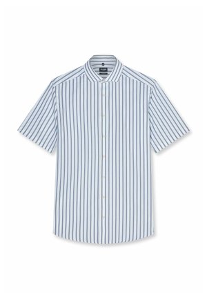 Camicia da uomo a maniche corte, con bottoni, righe verticali blu e bianche e colletto classico, mostrata distesa su sfondo bianco.