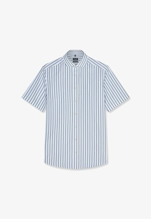 Camicia da uomo a maniche corte, con bottoni, righe verticali blu e bianche e colletto classico, mostrata distesa su sfondo bianco.