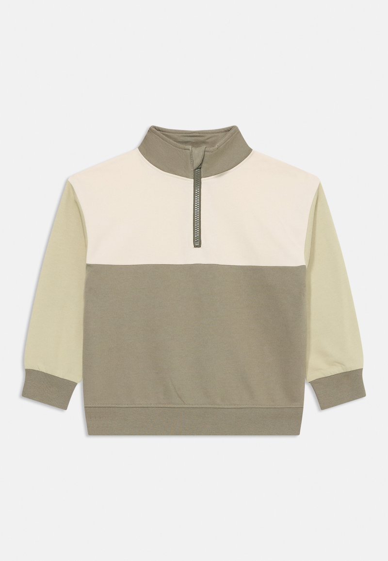 Pullover leve com colarinho de meia-zíper, apresentando um design em blocos de cor em bege, verde-claro e verde-oliva escuro. Tecido de algodão macio.