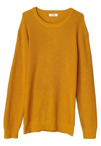 Senfgelbes Strickoberteil mit rundem Ausschnitt, langen Ärmeln und strukturiertem Rippenmuster. Hat eine lockere Passform und minimale Details.