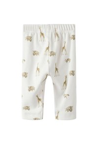 Shorts en coton blanc avec ceinture élastique, ornés d'un imprimé animalier répété représentant des girafes, des léopards et des rhinocéros dans des tons doux.
