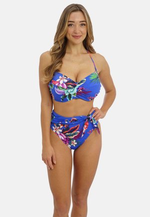 Blue floral bikini set featuring a twist front top and high-waisted bottom with a side tie, showcasing vibrant tropical patterns.