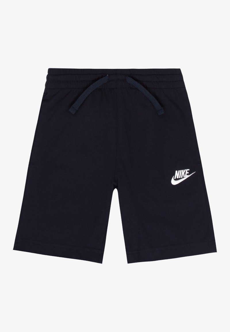 Shorts sportivi blu navy con cintura elastica, cordoncino e logo Nike bianco nella parte inferiore sinistra. Materiale in cotone morbido.
