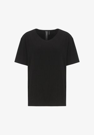 Maglietta nera a maniche corte con scollatura rotonda. Realizzata in materiale morbido con vestibilità ampia. Non presenta motivi o dettagli.