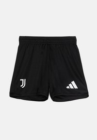 Pantalones cortos deportivos negros de material ligero, con el logo blanco de Juventus y las tres rayas de Adidas en el lado izquierdo. Cintura elástica.