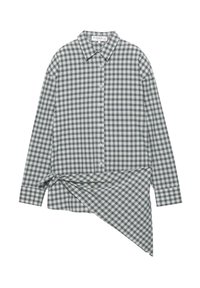 Majica z dolgimi rokavi v zeleno-belem karo vzorcu, s klasičnim ovratnikom in vozličkom na strani za asimetričen dizajn.