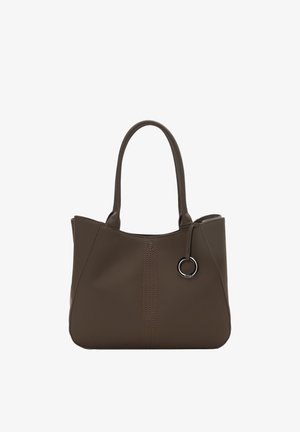 Braune Leder-Shopper-Tasche mit zwei Griffen, vertikalen Nähten und einem runden Metallakzent. Weiche Textur und klare Form.