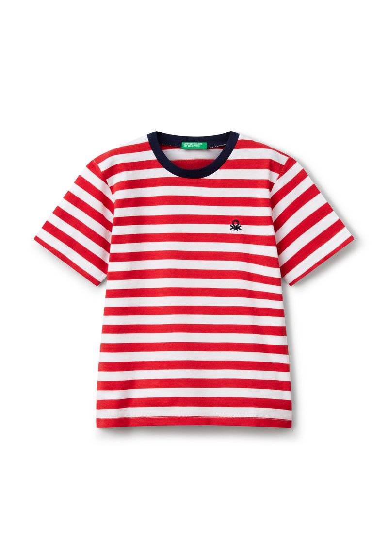 Rot-weißer gestreifter T-Shirt mit navyfarbigem Kragen, ausgestattet mit einem kleinen Oktopus-Logo auf der linken Brustseite. Hergestellt aus Baumwollstoff.