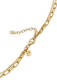Guldfarvet kædedy necklace med langstrakte led, et struktureret afsnit og en krabbe-lås. Har et lille graveret mærke med "Elli."