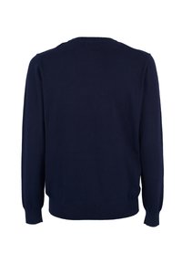 Maglione blu navy, tessuto a maglia, collo a giro, maniche lunghe con polsini e orlo a coste, texture liscia, senza decorazioni o motivi.