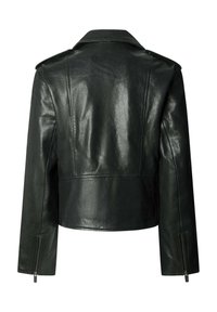 Sort læderjakke vist bagfra med lange ærmer, skulderstropper og lynlåse ved ærmekanterne.