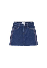 Gonna mini in denim blu scuro con orlo sfilacciato, dotata di due tasche frontali, chiusura con bottone e cuciture multicolori lungo i lati.