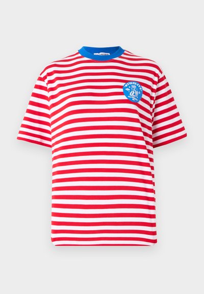 Red and white striped short-sleeve T-shirt with a blue crew neck. Features a round logo patch on the left chest area. Cotton material.